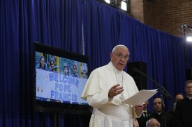 Pope Francis speaks to immigrant families during his visit to Our Lady Queen of Angels Catholic Elementary School in the East Harlem area of New York Sept. 25. (CNS photo/Paul Haring)