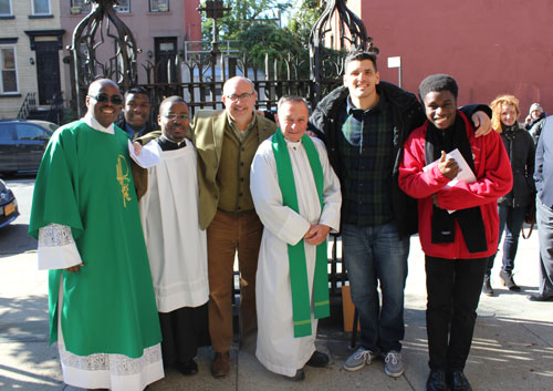 p The St. Agnes Church team with NYC Mass Mob: from left, Deacon Leroy P. Branch Jr.; Peter Damour; seminarian Willy Kingsley, Michael La Civita, trustee; Msgr. Joseph Nugent, pastor; Michael J. Cadigan; and Jeremy Laguerre.
