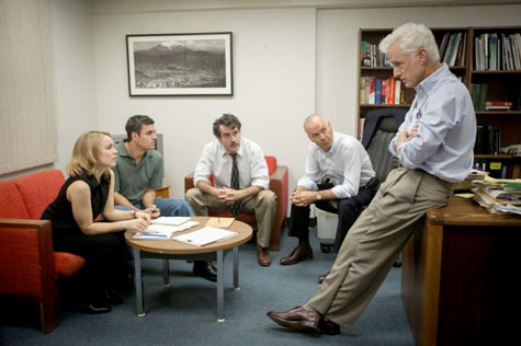 Rachel McAdams, Mark Ruffalo, Brian d'Arcy James, Michael Keaton and John Slattery star in a scene from the movie "Spotlight," which chronicles the Boston Globe's uncovering of the clergy sex abuse scandal in the Archdiocese of Boston in 2002. (CNS photo/Open Road Films) 