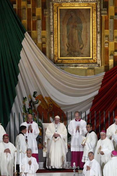 The original image of Our Lady of Guadalupe is seen as Pope Francis celebrates Mass in the Basilica of Our Lady of Guadalupe in Mexico City Feb. 13. (CNS photo/Paul Haring) 