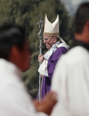 Pope Francis arrives in procession to celebrate Mass in Ecatepec. (CNS photo/Paul Haring) 