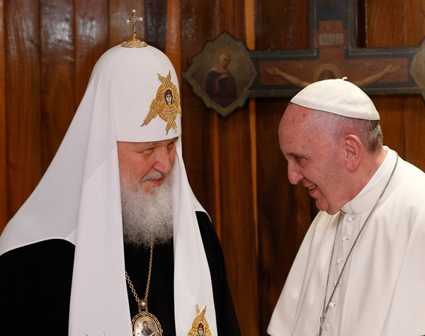 Russian Orthodox Patriarch Kirill of Moscow and Pope Francis meet at Jose Marti International Airport in Havana Feb. 12. The pope was traveling to Mexico for a six-day pastoral visit. (CNS photo/Paul Haring)