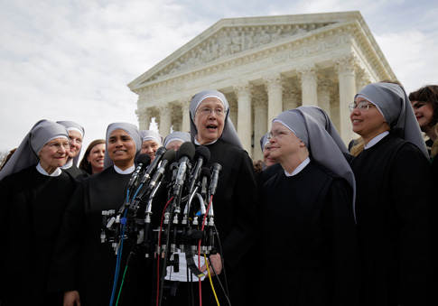 Sister Loraine Marie Maguire, mother provincial of the Denver-based Little Sisters of the Poor, speaks to the media outside the U.S. Supreme Court in Washington March 23 after attending oral arguments in the Zubik v. Burwell contraceptive mandate case. (CNS photo/Joshua Roberts, Reuters) 