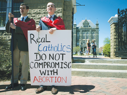 Pro-life demonstrators gather outside the campus of Georgetown University in Washington April 20. (Photo © Catholic News Service/ Tyler Orsburn)