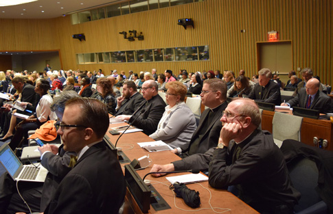 Father Patrick Keating, CEO of Catholic Migration Services, second from right, was among the attendees at a conference on human trafficking on April 7 at the UN. 