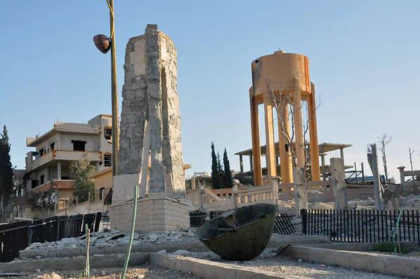 A view shows the damage in the town of Qaryatain, Syria, April 4, after forces loyal to Syrian President Bashar Assad recaptured it. The relics of Syrian St. Elian, which originally were thought to have been destroyed by members of the so-called Islamic State militia, have been found amid the rubble of the desecrated Mar Elian Church in Qaryatain.Photo © Catholic News Service/Syria’s national news agency handout via Reuters