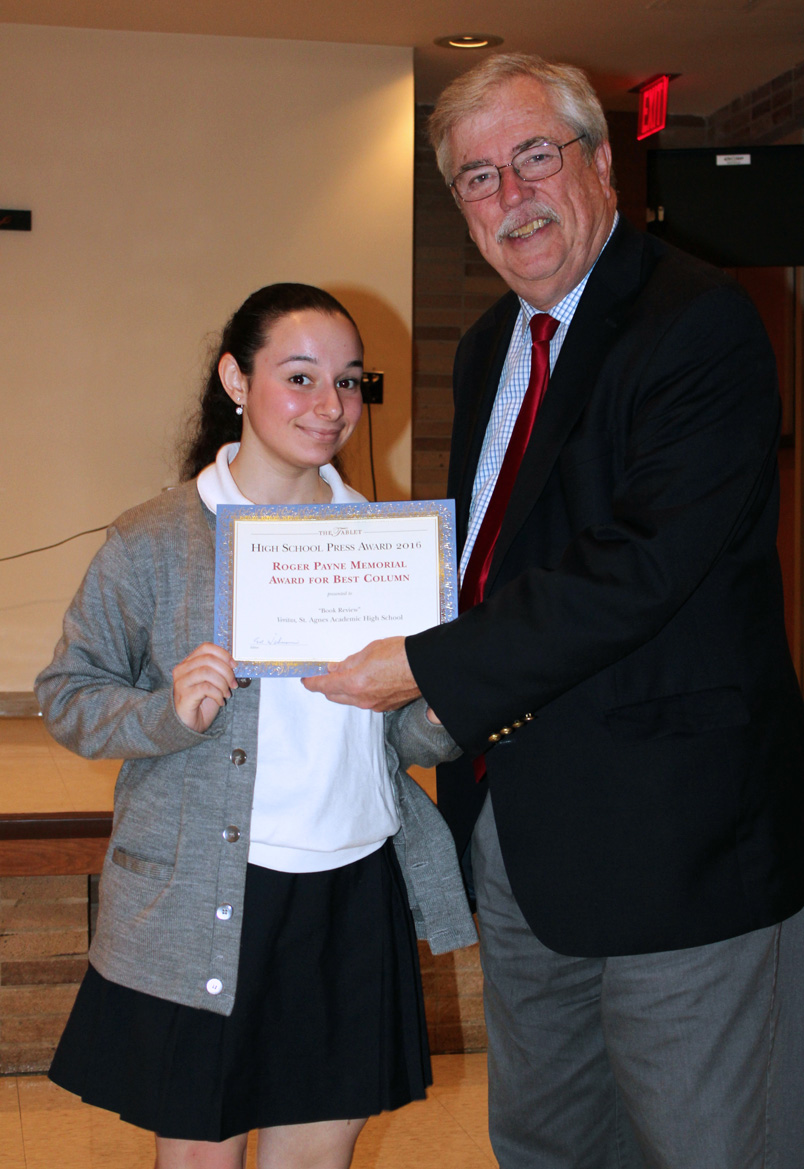 Ed Wilkinson, The Tablet’s editor-in-chief, gives the Roger Payne Memorial Award for best column to Senior Destany Batista, a co-editor at Veritas, the newspaper at St. Agnes A.H.S.
