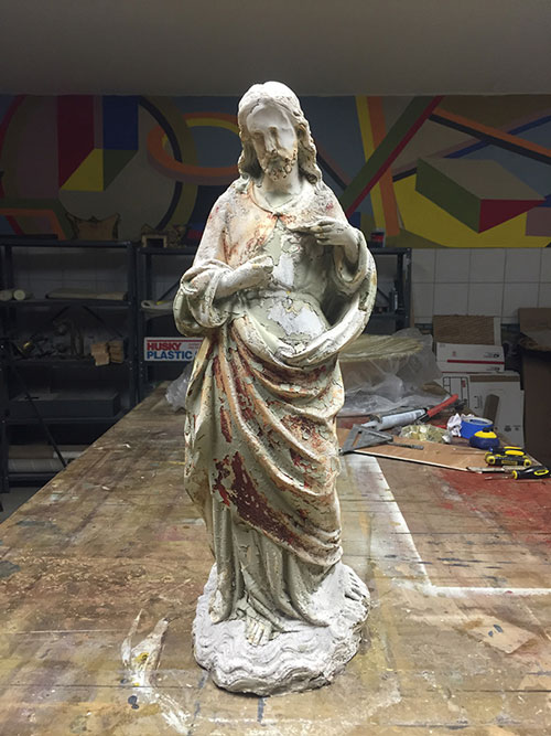 A statue of the Sacred Heart that was stolen from in front of SS. Peter and Paul rectory, Williamsburg, has been recovered and now is being repaired at the D’Ambrosio Studios. 