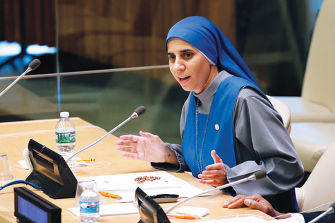 Sister Maria de Guadalupe, who spent 18 years as a Middle East missionary, speaks during a UN conference addressing the persecution of Christians. and Africa at the United Nations April 28. The Vatican mission to the U.N. was a co-sponsor of the conference. (CNS photo/Gregory A. Shemitz)
