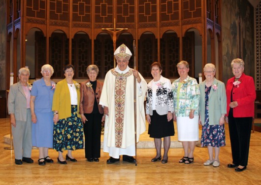 Bishop DiMarzio extends best wishes to Sisters of Charity on their 50th and 60th anniversaries, from left, Sisters Barbara Buxton, 60 years; Patricia Tobin, 60 years; Maureen Murphy, 50 years; Kathleen Kull, 50 years; Kathleen O’Donnell, 60 years; Aileen Halleran, 50 years; Theresa Ryan, 60 years; and Mary Conroy, 60 years.