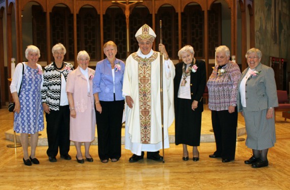 Bishop DiMarzio honors Sisters of St. Dominic on their 50th and 60th anniversaries, from left, Sisters Sheila Buhse, 60 years; Regina Corde Hockenberry, 60 years; Jeanne Elaine Matullo, 60 years; Martin Marie Doran, 60 years; Margaret (Peggie) Merritt, 60 years; Barbara Gregorek, 50 years; and Mary Elizabeth Parry, 60 years.