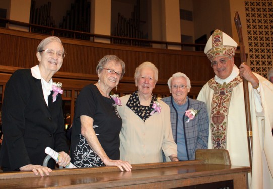 Sisters of St. Joseph marking significant anniversaries were congratulated by Bishop DiMarzio. From left, 70-year jubilarian Sisters Catherine O'Leary, Regina Coll and Therese Marie Camardella, and 60-year jubilarian Sister Elizabeth Ann O'Brien.