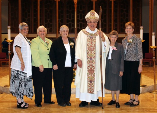 Bishop DiMarzio congratulates 50- and 60-year jubilarian Mercy Sisters Paulette Polina, 50 years; Margaret Dempsey, 50 years; Lynn Johnson, 50 years; M. Corita Reiss, 60 years; and Kathleen Masterson, 50 years.