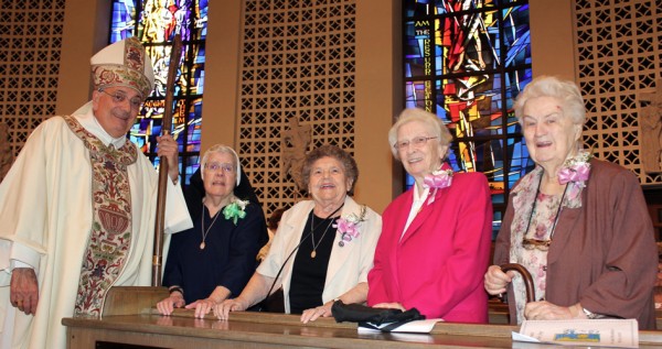 Bishop DiMarzio with jubilarian Mercy Sisters Mary Kathleen O’Brien, 75 years, and Virginia Lacker, 70 years; and Sisters of St. Joseph Rene M. Randon and Margaret M. Connelly, both celebrating 70 years.
