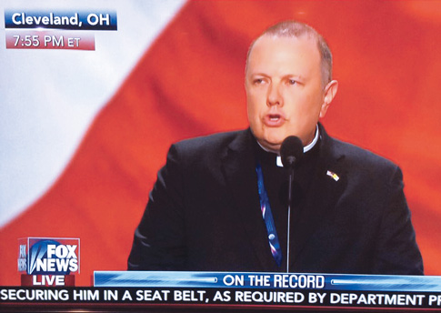 Msgr. Kieran Harrington, Brooklyn’s Vicar for Communications, leads the opening prayer at the Republican National Convention in Cleveland.