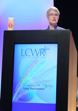 Sister Marcia Allen, a Sister of St. Joseph of Concordia, Kansas, and president of the Leadership Conference of Women Religious, delivers her address Aug. 10 to attendees at the LCWR assembly in Atlanta. (CNS photo/Michael Alexander, Georgia Bulletin)