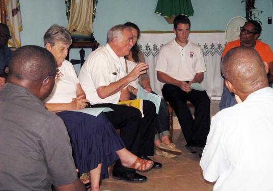 Bishop Tiedemann and parishioners at a lectio divina meeting at St. Paul of the Cross Cathedral, Mandeville, Jamaica.