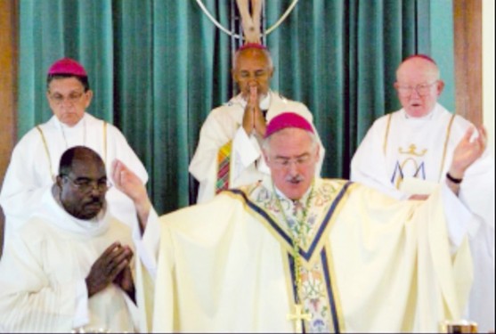 At Bishop Neil Tiedemann's Episcopal Ordination in Mandeville, Jamaica, on Aug. 6, 2008, retired Brooklyn Bishop Thomas V. Daily was a co-consecrator, upper right.