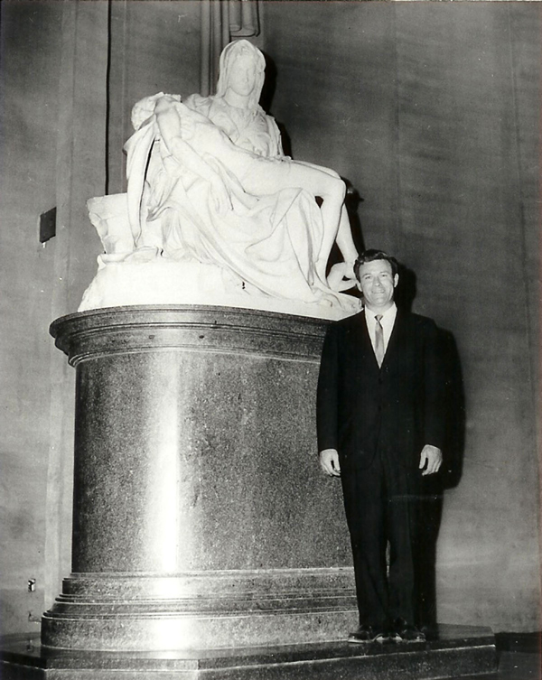 Joseph Purdy of Carmel, NY, was a construction manager at the Vatican Pavilion at the New York World’s Fair, 1964-65, where he was photographed with Michelangelo’s Pieta. Today, his son, Louis, remembers it as “the time of our lives.” 