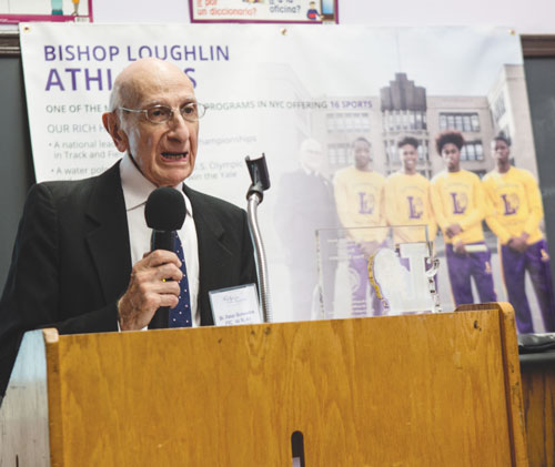 Brother Peter Bonventre, F.S.C., addresses alumni and friends at the celebration of Bishop Loughlin H.S.’s 165th anniversary.