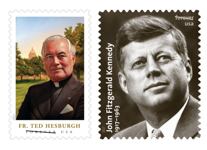 p Holy Cross Father Theodore Hesburgh and U.S. President John F. Kennedy are among several subjects that will be part of next year’s stamp program. (Photo: Catholic News Service/U.S. Postal Service)
