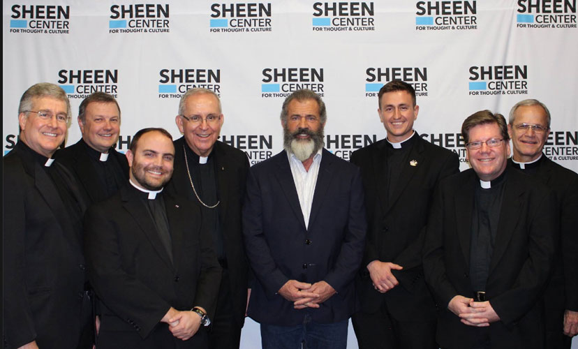 p Attending the Nov. 2 premiere of Mel Gibson’s film “Hacksaw Ridge” at the Sheen Center, from left to right, Father Peter Cameron, O.P., editor of Magnificat; Msgr. Kieran Harrington, diocesan vicar for communications; seminarian Anthony Giacona; Auxiliary Bishop John O’Hara of the New York Archdiocese; Gibson; seminarian CCPO Michael Plona, U.S. Navy; Father Richard Veras, director of pastoral formation at St. Joseph’s Seminary, Dunwoodie; and Msgr. Peter Vaccari, rector of St. Joseph Seminary. (Photo: Julia Smith via Facebook, Sheen Center)