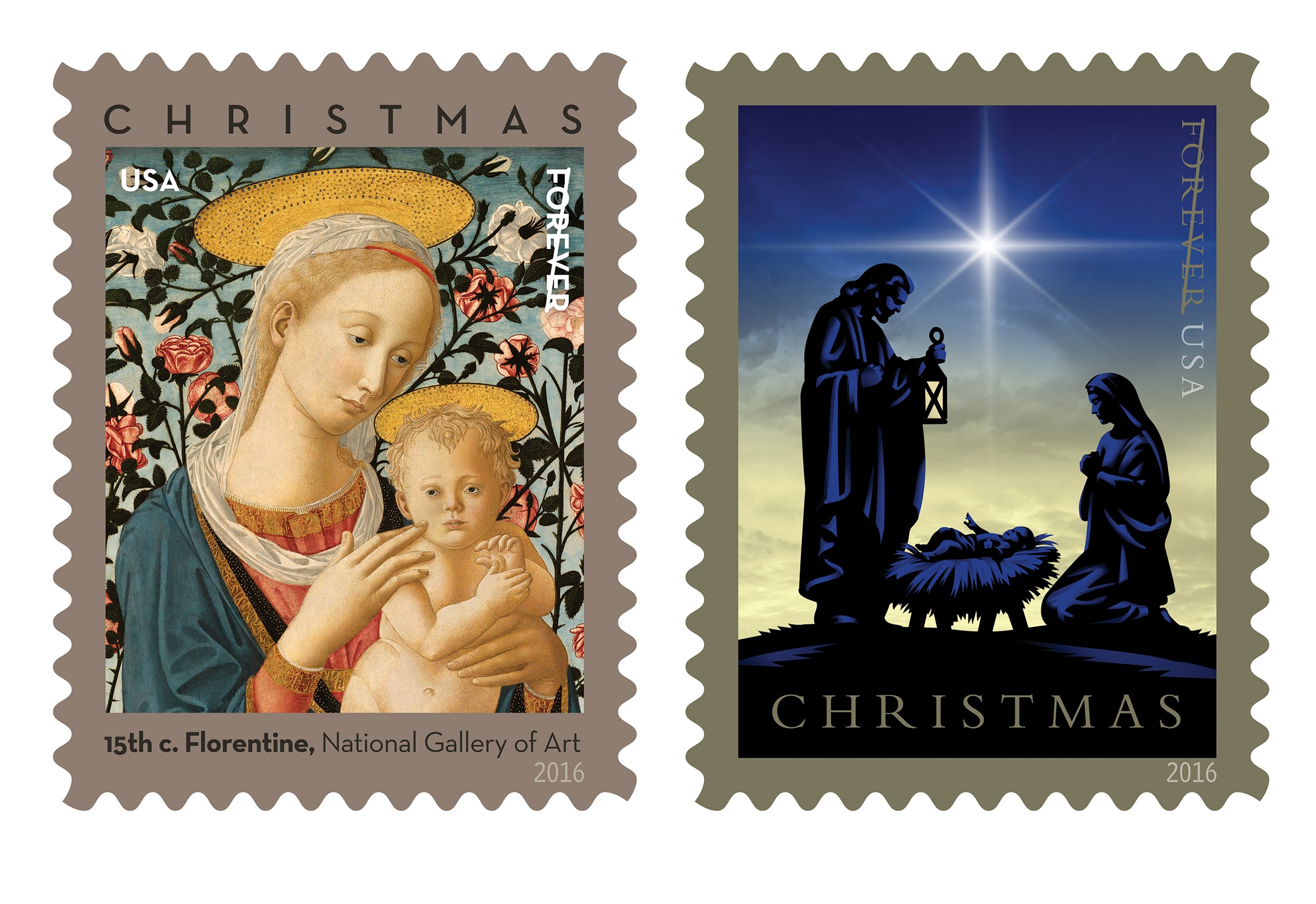 Mary holds the child Jesus in a 15th-century Florentine painting depicted on one of two religiously themed Christmas stamps being issued by the U.S. Postal Service. The image was adapted from a work by an anonymous follower of artists Fra Filippo Lippi and Pesellino. The original painting is in the collection of the National Gallery of Art in Washington. The stamp was to be available at post offices Oct. 18. A second stamp depicting the Nativity in silhouette against the dawn sky was planned for release Nov. 3. (CNS photo/U.S. Postal Service)
