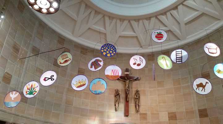 Jesse Tree symbols, created by parishioners Ann Regbeer and Mireille Leys, welcomed Christmas at Immaculate Conception Church, Jamaica Estates, in 2015. (Photo courtesy Mireille Leys)