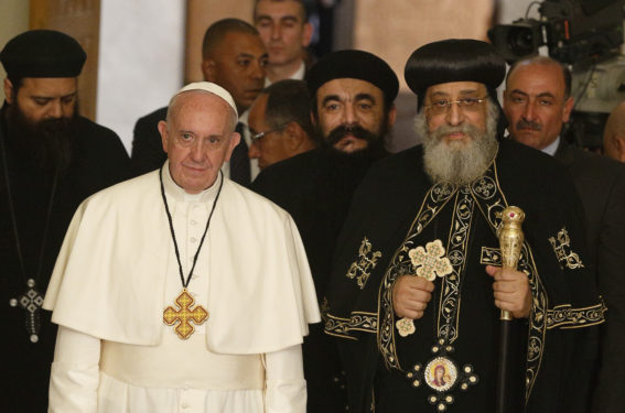 Pope Francis is pictured with Coptic Orthodox Pope Tawadros II in Cairo. (CNS photo/Paul Haring)