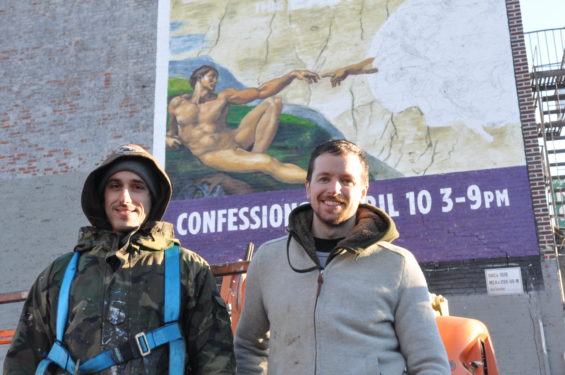  Brooklyn artist James Raczkowski, left, with co-worker, Mike Fusco, take a break to pose for photo during the reproduction of the Michelangelo masterpiece in Bay Ridge.