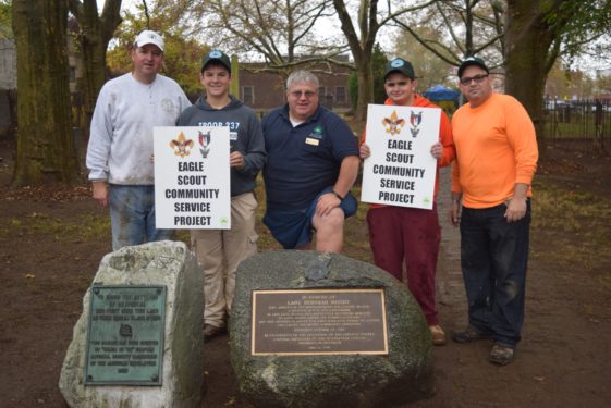 Eagle Scout candidates Brendan Cottingham and Carmine Gentile are helping to restore Gravesend Cemetery with a little help from  their friends. From left are Brendan’s father, Martin Cottingham; Brendan; NYC Borough Parks Commissioner Martin Maher; Carmine, and his dad, Vincent Gentile.