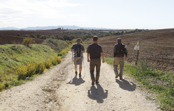 Father Vincent Gilmore, tour leader Bret Thoman and Deacon Terrance Marcell walk the historic pilgrimage route of St. Francis from Assisi to Rome Oct. 23. (CNS photo/Robert Duncan)
