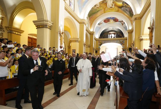 Pope Francis visits the cathedral in Trujillo, Peru, Jan. 20. (CNS photo/Paul Haring)