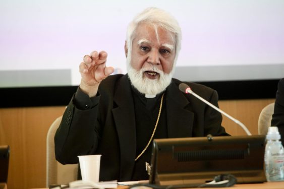 Archbishop Joseph Coutts of Karachi, Pakistan, was one of 14 new cardinals named by Pope Francis May 20. He is pictured speaking during a meeting in Milan,  Italy, March 2, 2016. (CNS photo/Mourad Balti Touati, EPA) 