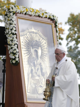 Pope Francis uses incense as he venerates an icon of Mary during Mass at the Shrine of the Mother of God in Aglona, Latvia, Sept. 24. (CNS photo/Paul Haring) 