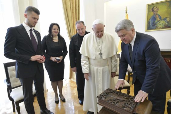 Pope Francis accepts a gift from President Gjorge Ivanov of North Macedonia during a courtesy visit at the presidential palace in Skopje, North Macedonia, May 7. (Photo Catholic News Service/ Vatican Media)
