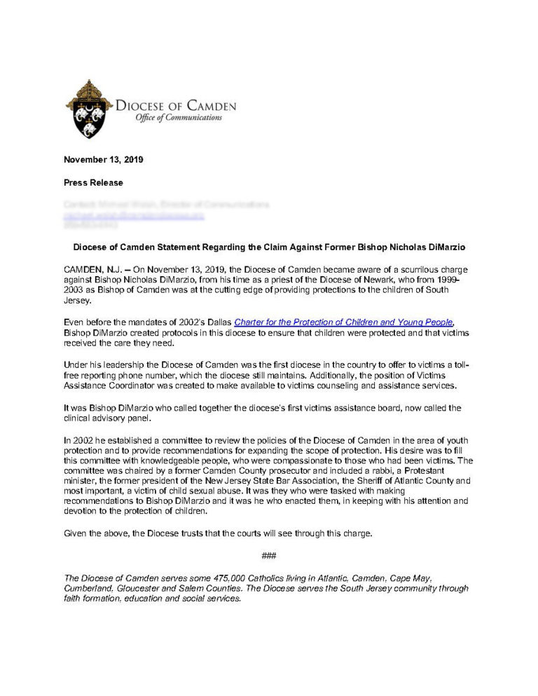 Diocese of Camden Points to Bishop DiMarzio’s Record in Fighting Abuse ...