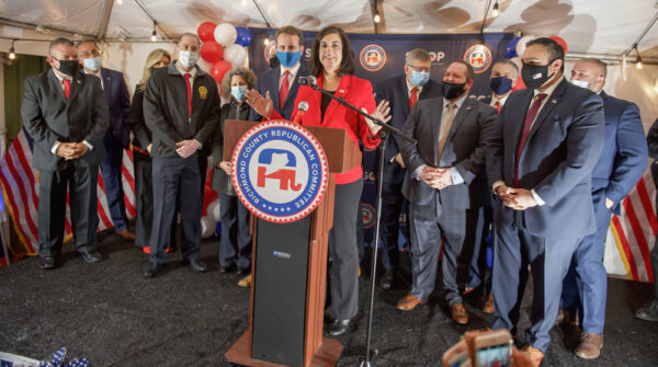 Congressmember-elect Nicole Malliotakis gives a thumbs-up after winning delivering her acceptance speech. (Photo: Courtesy of Malliotakis Campaign)