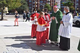 Bishop DiMarzio Blesses Plaza Outside Our Lady Queen of Martyrs