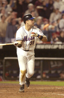 New York Mets' catcher Mike Piazza appears on the ground before a