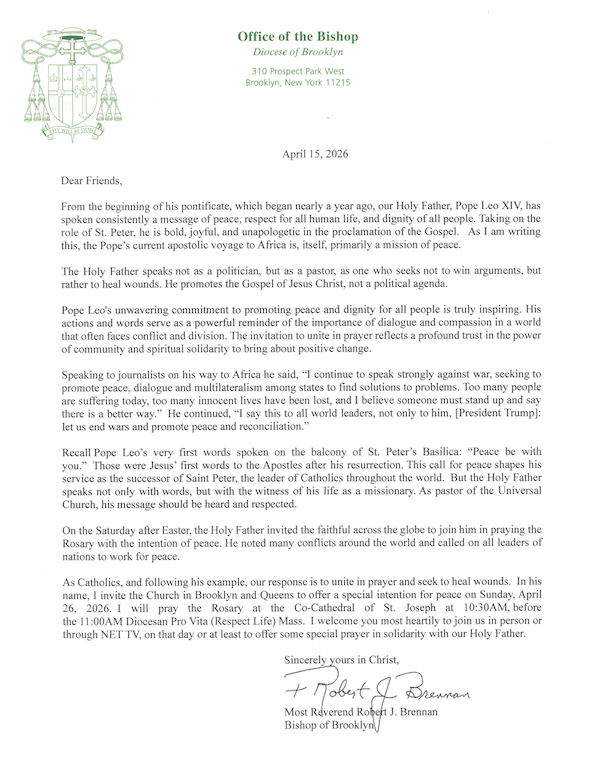 A Letter From Bishop Robert Brennan: ‘The Holy Father Speaks Not as a Politician, But as a Pastor’